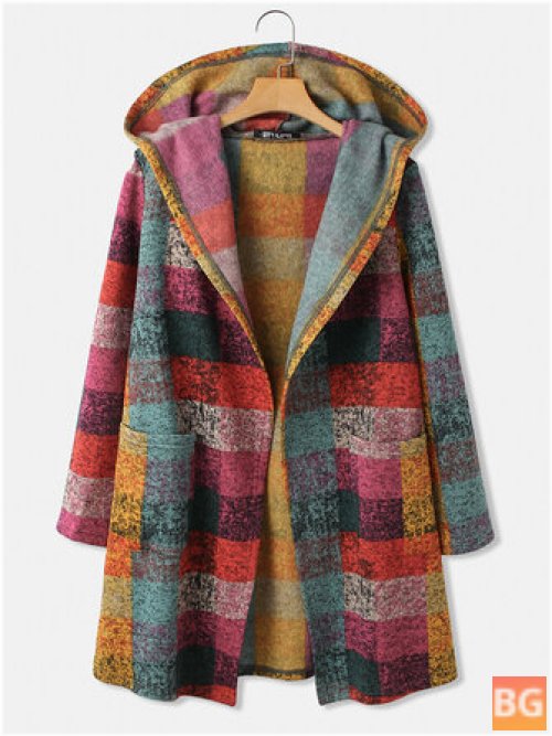 Women's Open Front Hooded Cardigan with Colorful Plaid