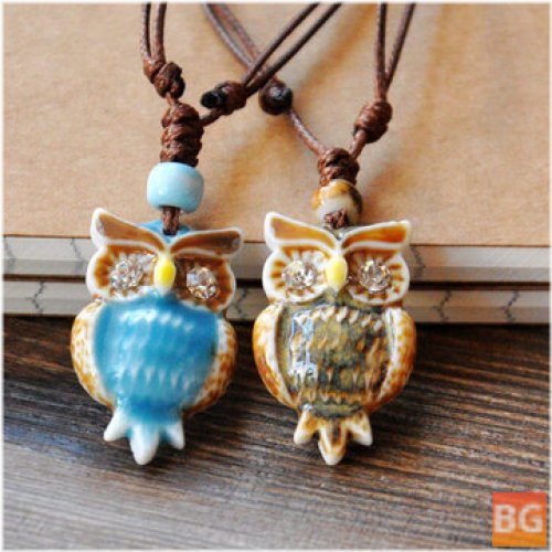 Ethnic Rhinestones Owl Necklace - Long Necklace with Chain