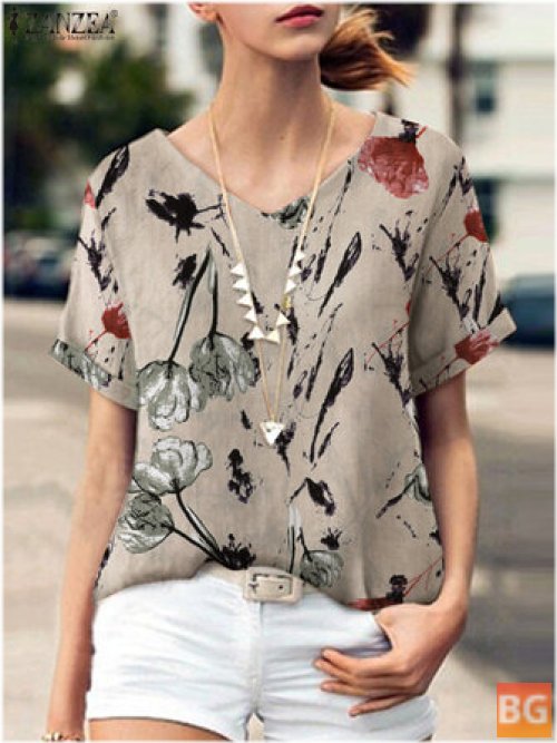 Short Sleeve Blouse with Plant Print