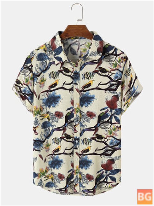 Hem Cuff Shirt for Men - Bird & Tree Print
