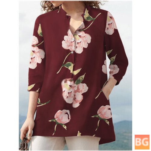 Pocket Button Stand Collar for Blouse - 3/4 Sleeve