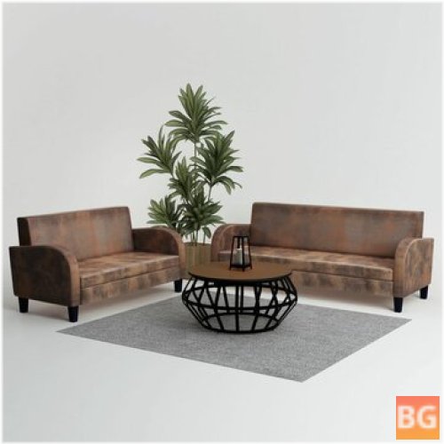 Sofa Set - Brown Synthetic Suede