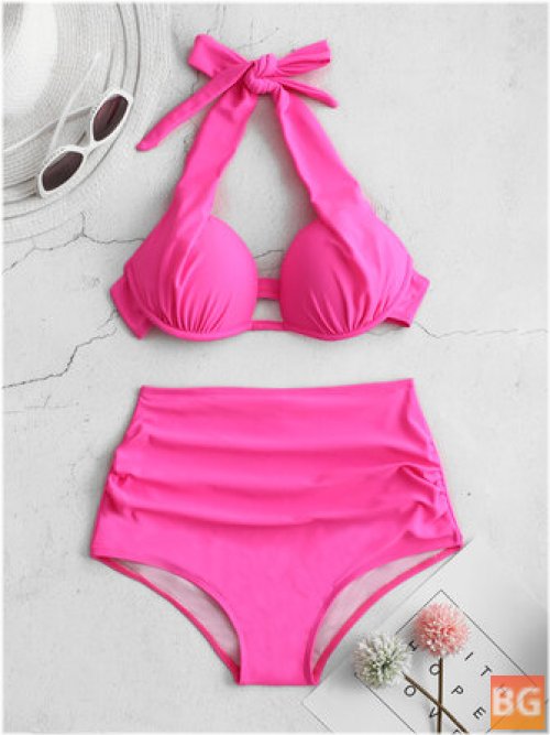 Solid Color Halter Backless Swimsuits with High Waisted Straps
