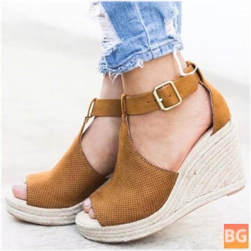 Women's Espadrilles - Peep Toe Buckle Wedges with Comfy Casual Feet