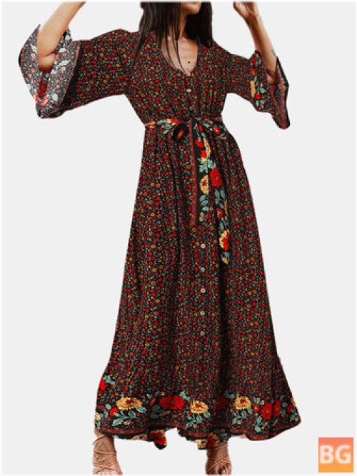 Floral Ruffle Maxi Dress with Bohemian Belt