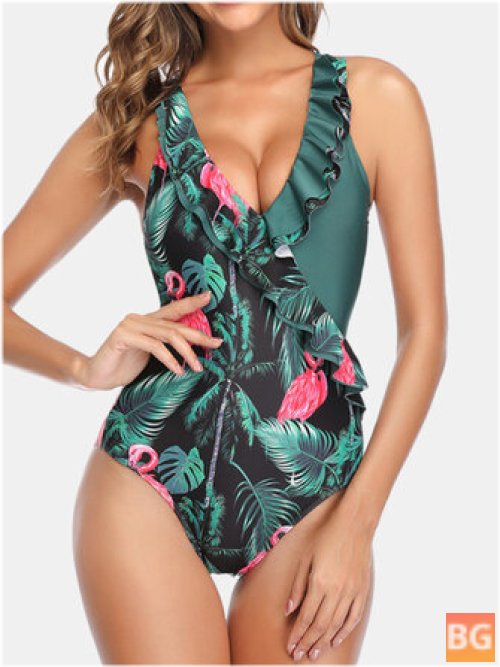Women's Tropical Leaves Flamingo Print Ruffles Swimsuit