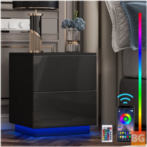 Glossy LED Nightstand with Dual Drawers for Bedroom and Office