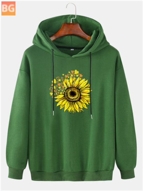 Sunflower Print Drop Shoulder Cotton Hoodie for Men