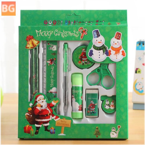 Languotu 817 9 Pcs Christmas Stationery Set - Santa Pencils Ruler Eraser Solid Glue Pencil Sharpener Scissors - School Students Supplies Christmas Gift Box