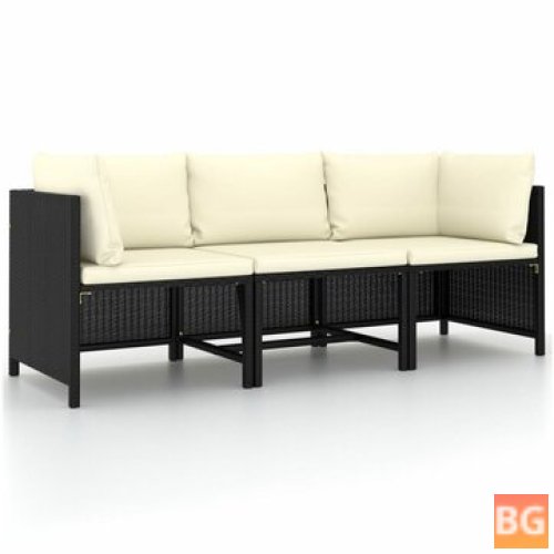 3-Seater Sofa with Cushions - Black Poly Rattan