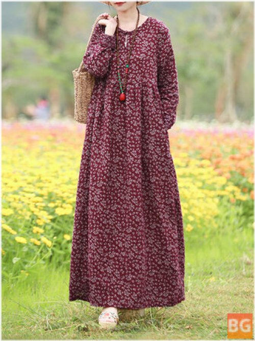 Women Floral Print O-Neck Maxi Dress - Bohemian Holiday