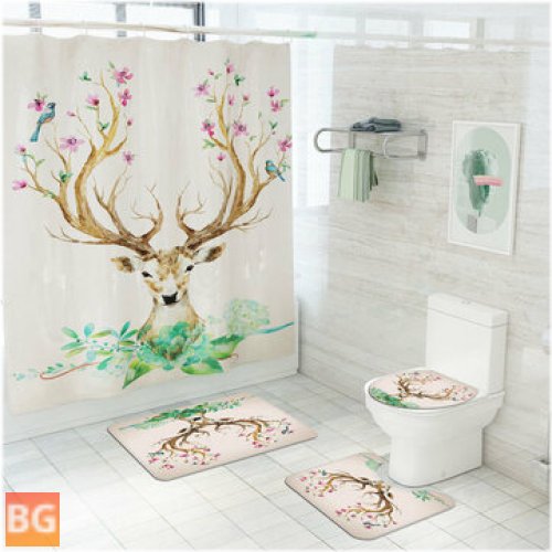 Elk Flower Printing Shower Curtain Floor Mat - Set of 4