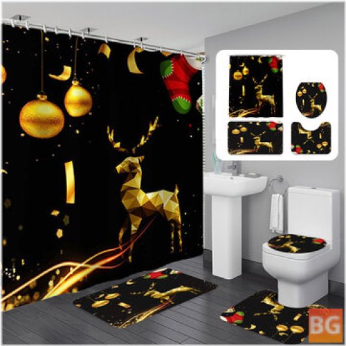 Waterproof Christmas Elk Shower Curtain Set - Non-slip Bath Mat, Toilet Lid Cover, Floor Mat Set