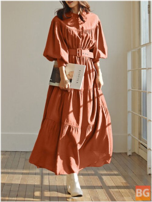 Pleated Maxi Dress with Stand Collar and Puff Sleeves