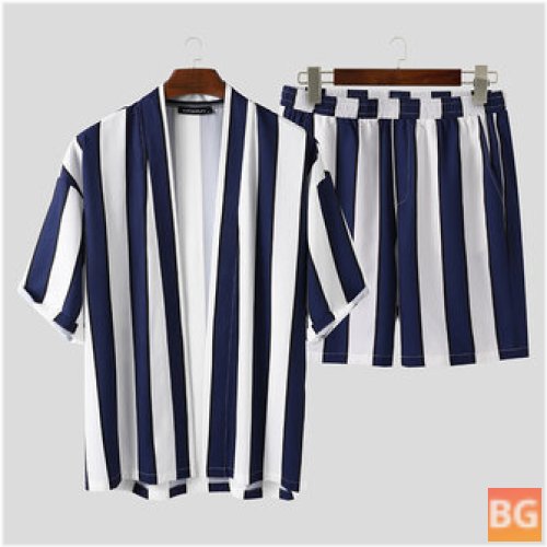 Short Sleeve Striped Pockets Casual Cardigan