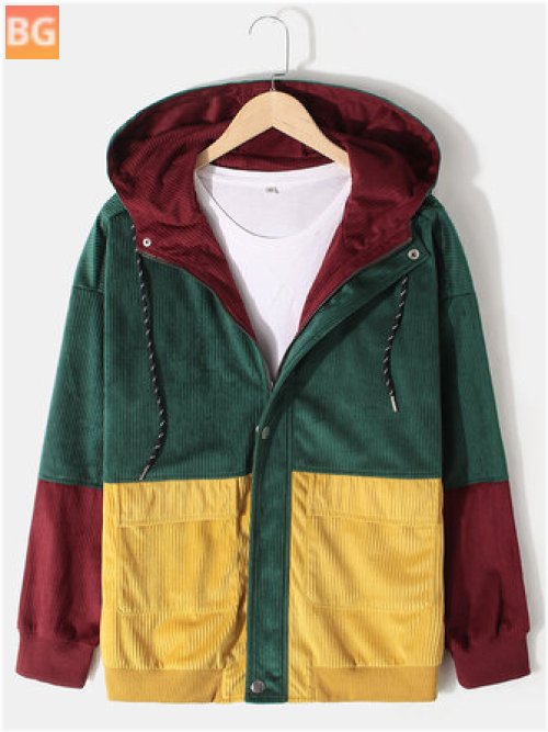 Mens Vintage Colorblock Corduroy Hooded Jacket