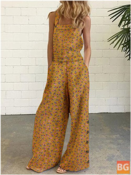 Floral Wide Leg Jumpsuit with Side Buttons and Pockets