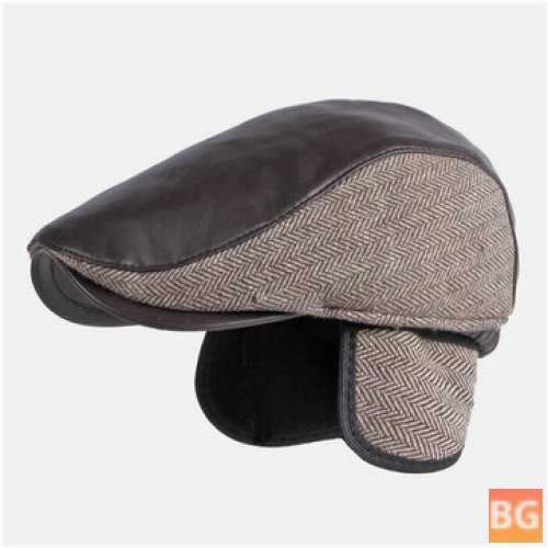 Women's PU Leather Stitching Earflaps Ear Protection Beret Cap Retro Outdoor Cool Protection Warm Forward Hat