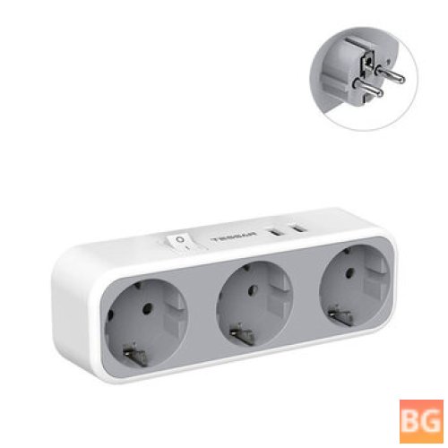 TESSAN TS-322-DE 2500W 5-in-1 Wall Socket Adapter with Switch/3 AC Outlets/2 USB Ports