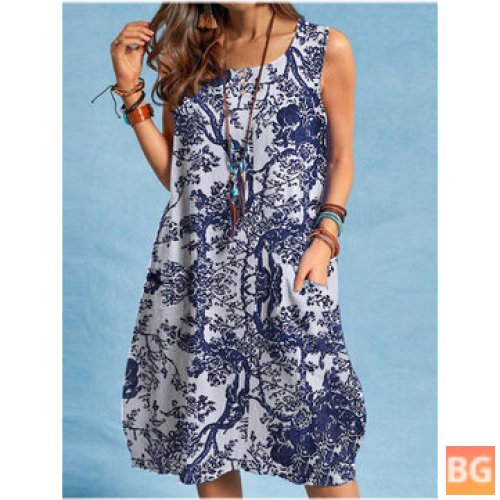 Button- Up Cotton Sleeveless Dress with a Plant Print