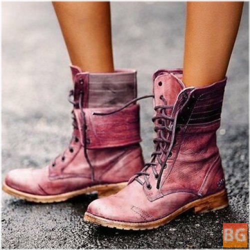 Women's Retro Leather Lace Up Block Heel Ankle Boots