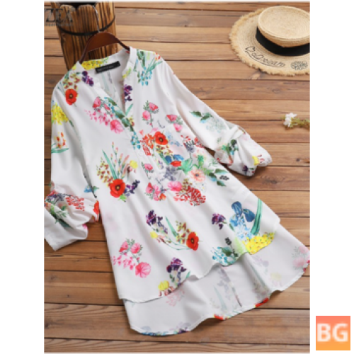 Pocket Button Stand Collar Long Sleeve Blouse - Flower Plants