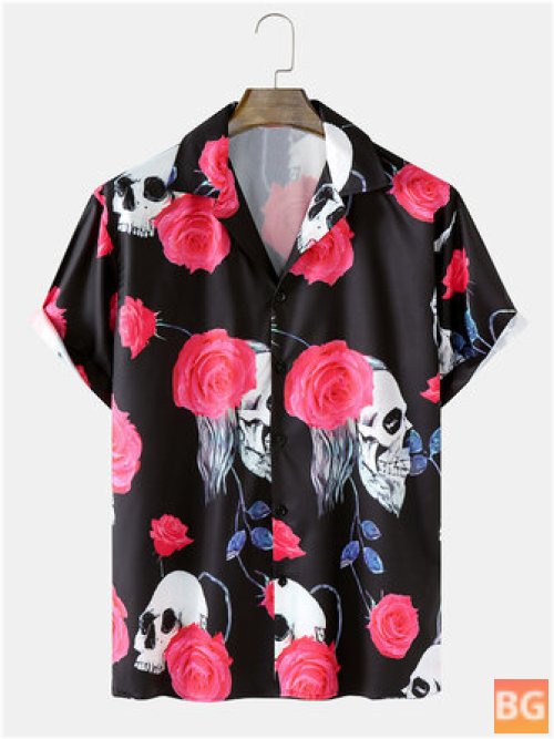 SHORT Sleeve Shirt with Rose & Skull Print