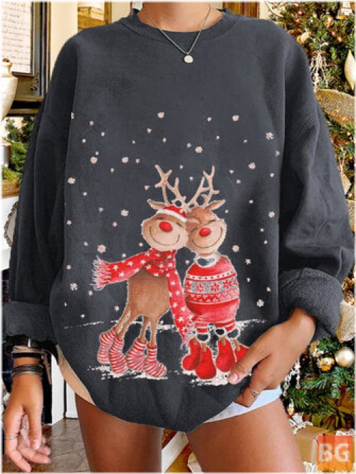 Women's Christmas Elk Cartoon Cerf Snow Print Casual O-neck Sweatshirt