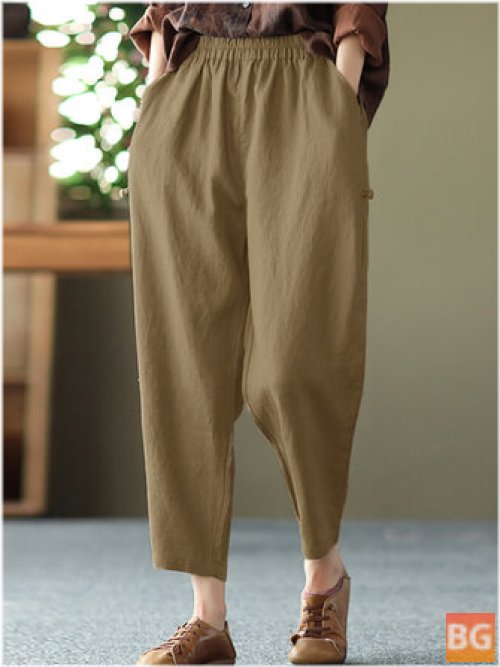Pocketed Cotton Casual Pants with Elastic Waist