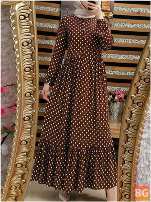 Dress - Women's Retro Polka Dot Print Pleated Ruffled Hem Side Zipper Button Vintage Maxi Dress