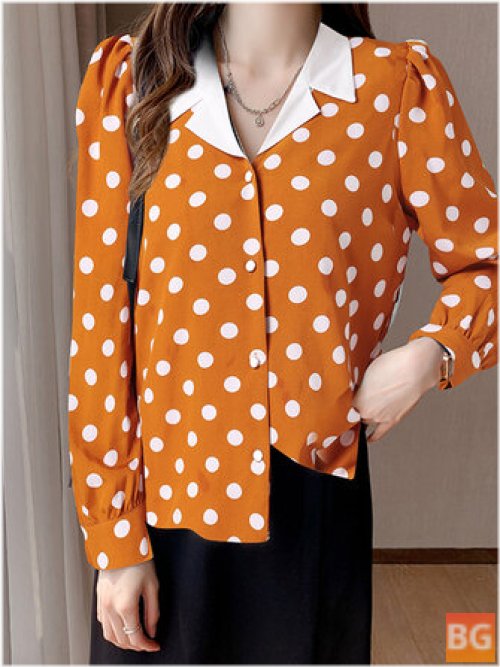 Long Sleeve Lapel Button Shirt with Polka Dot Pattern