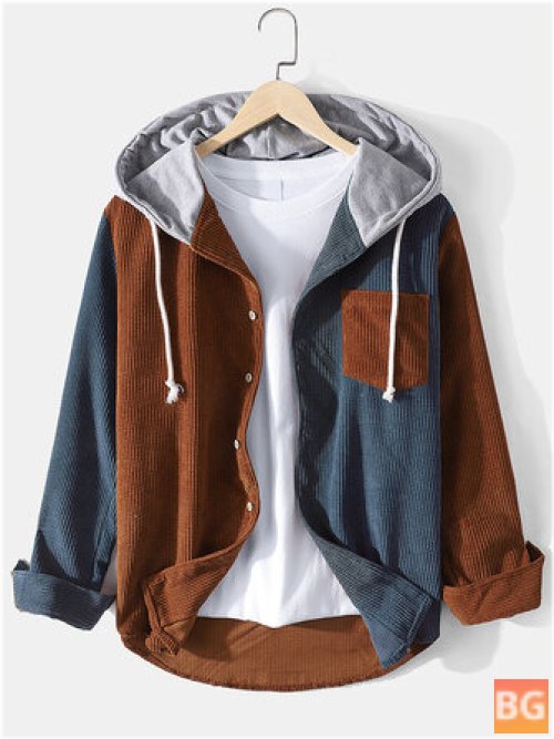 Contrast Corduroy Hooded Shirt with Pocket