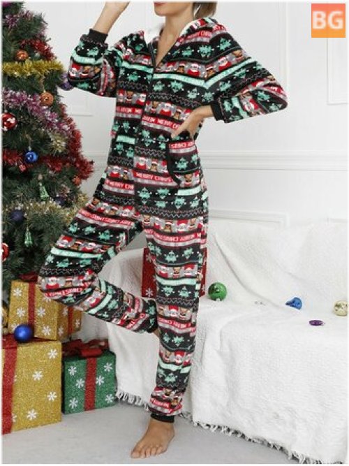 Women's Christmas Flannel Printed Zip Ear Detail Pajamas