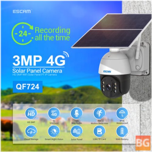 ESCAM Solar PT Camera - 3MP, 24Hr Recording, Cloud Storage, 4G Battery, PIR Alarm, Full Color Night Vision, IP66