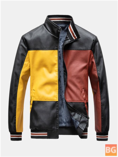 Patches & Collars for Men - Colorblock PU Leather Zip Front Lapel Jacket
