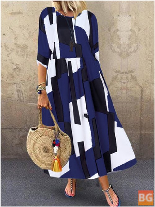 Women's 3/4 Sleeve O-neck Geometric Print Loose Maxi Dress