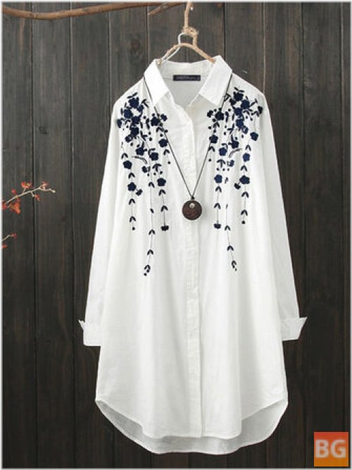 Print Lapel Collar with Hem and White Button - Casual Shirts for Women