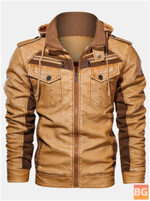 Vintage Men's Zipper PU Leather Drawstring Hooded Jacket