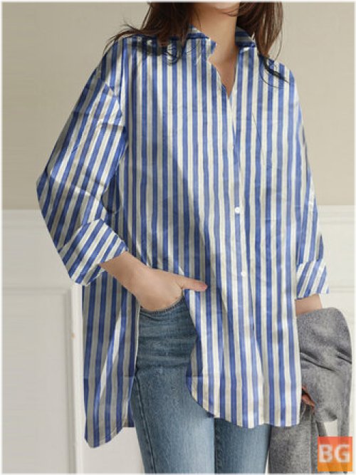 Women's Striped Print Split-Sleeve Casual Shirt