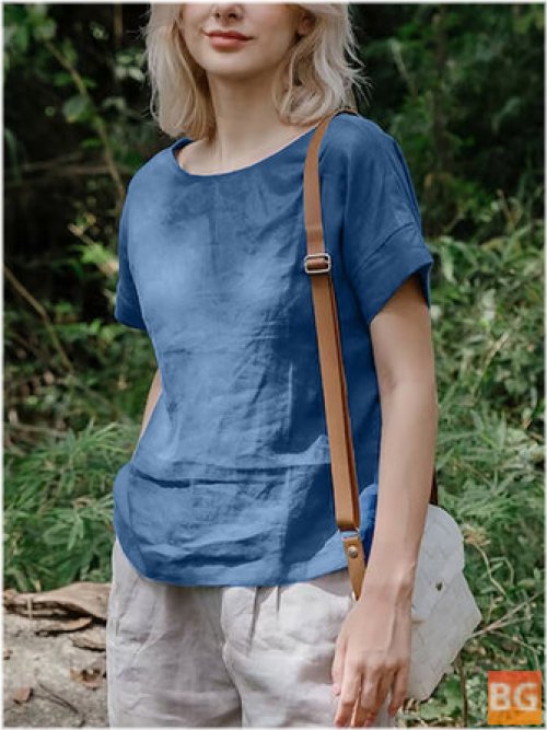 Short Sleeve Blouse with Cotton Solid Round Neck
