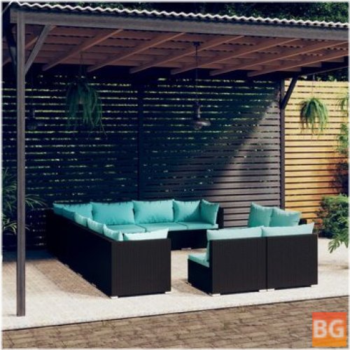 Lounge Set with Cushions and Rattan - Black