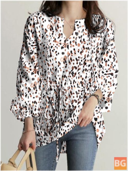Women Leopard Printed V-Neck Flare Sleeve T-Shirt