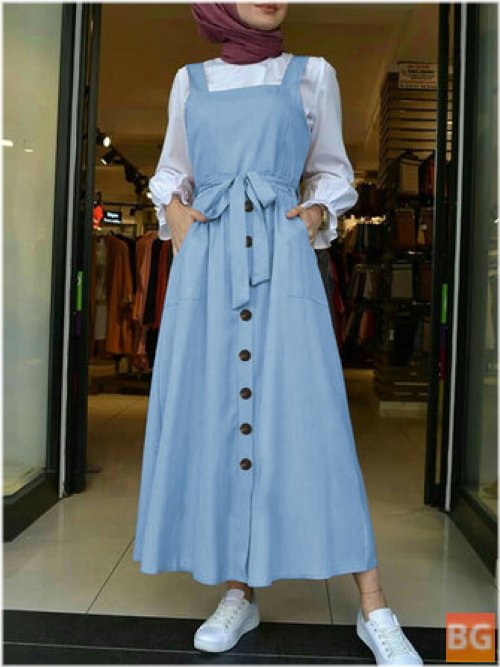 Women's 100% Cotton Solid Colors Straps Waist Maxi Dress With Pocket