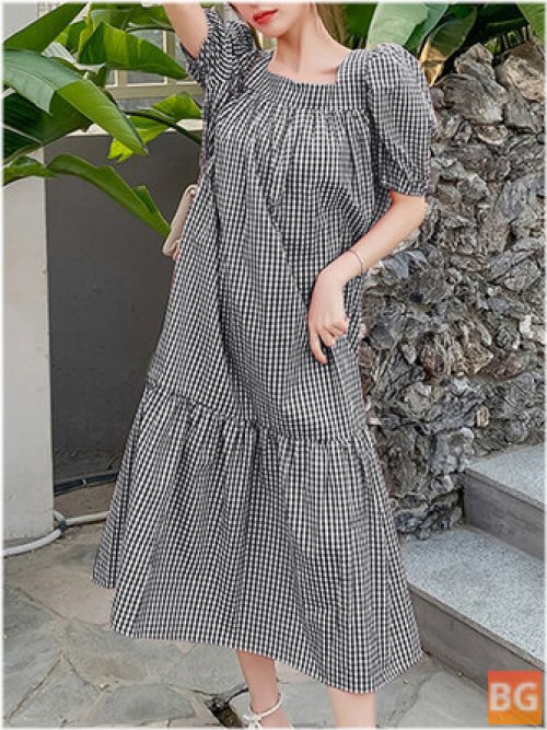 Short Sleeve Collar Plaid Dress with loose sweet square neckline