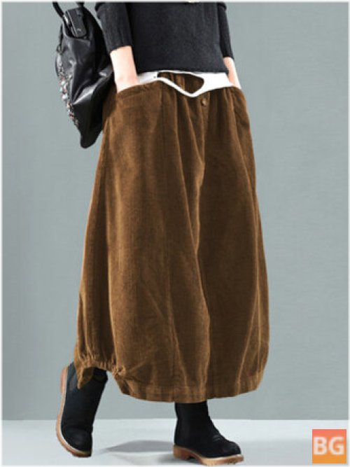 Women's Button Trim Elastic Waist Solid Retro Skirt with Pocket