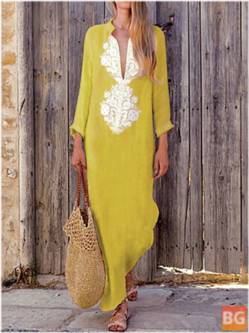 Summer Floral Print V-neck Long Sleeve Split Maxi Dress