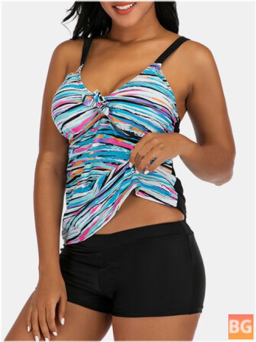 Women's Colorful Stripe Print Tie Front Tankini Swimsuit