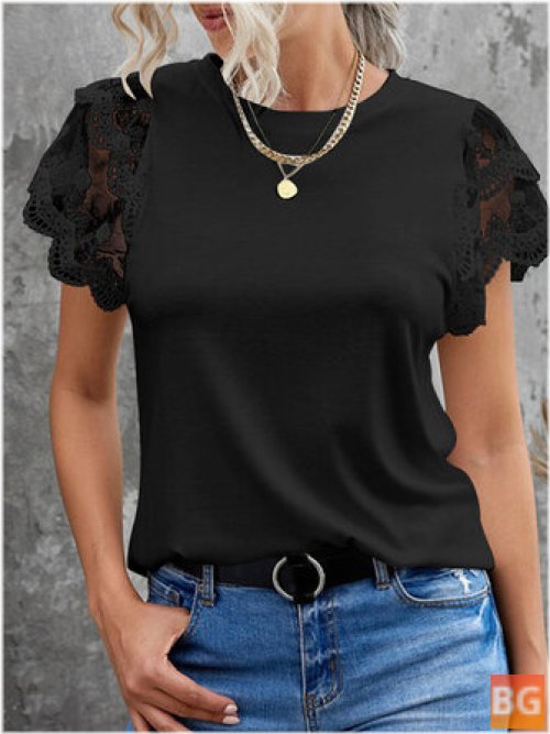 Short Sleeve Blouse with Lace Patchwork Pattern