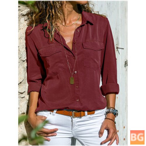 Women's Button Turn-Down Collar Solid Color Shirt