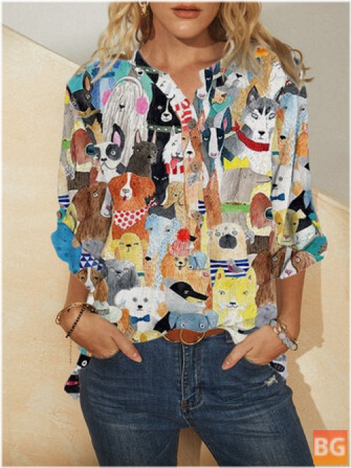 Long Sleeve Cartoon Blouse with a Women's Stand Collar